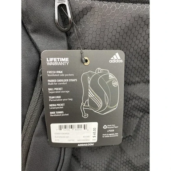 Adidas Black Silver Estadio Backpack Bookbag NEW - Picture 14 of 14